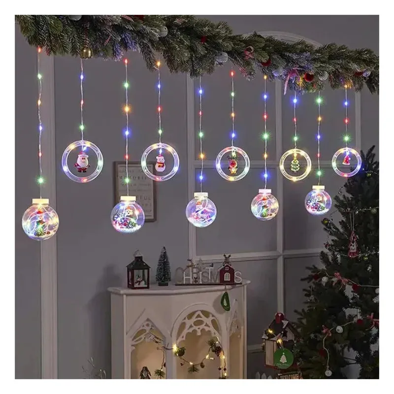 Instalatie led tip perdea cu diferite figurine, cercuri si globuri luminoase