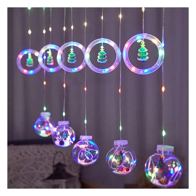 Instalatie led tip perdea cu diferite figurine, cercuri si globuri luminoase
