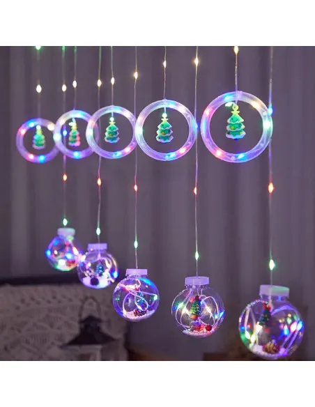 Instalatie led tip perdea cu diferite figurine, cercuri si globuri luminoase