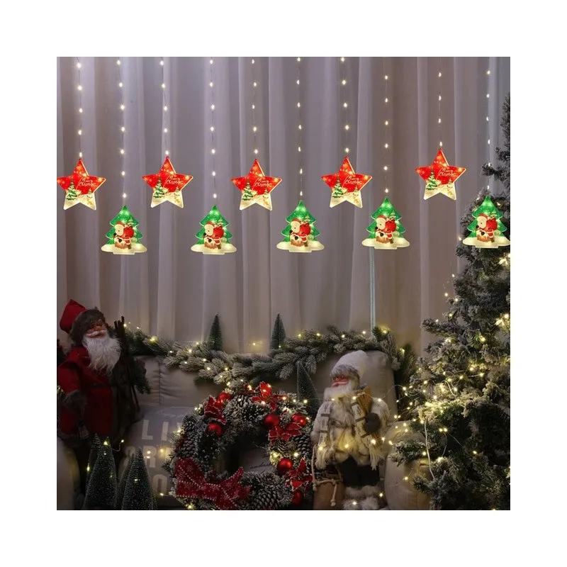 Perdea de Crăciun LED, 3M, stele si braduti, interconectabila, IP44
