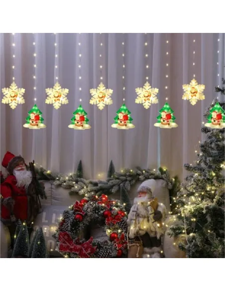 Instalatie perdea 3M, Crăciun, LED, Fulgi si Braduti, 10 decoratiuni, interconectabila, IP44