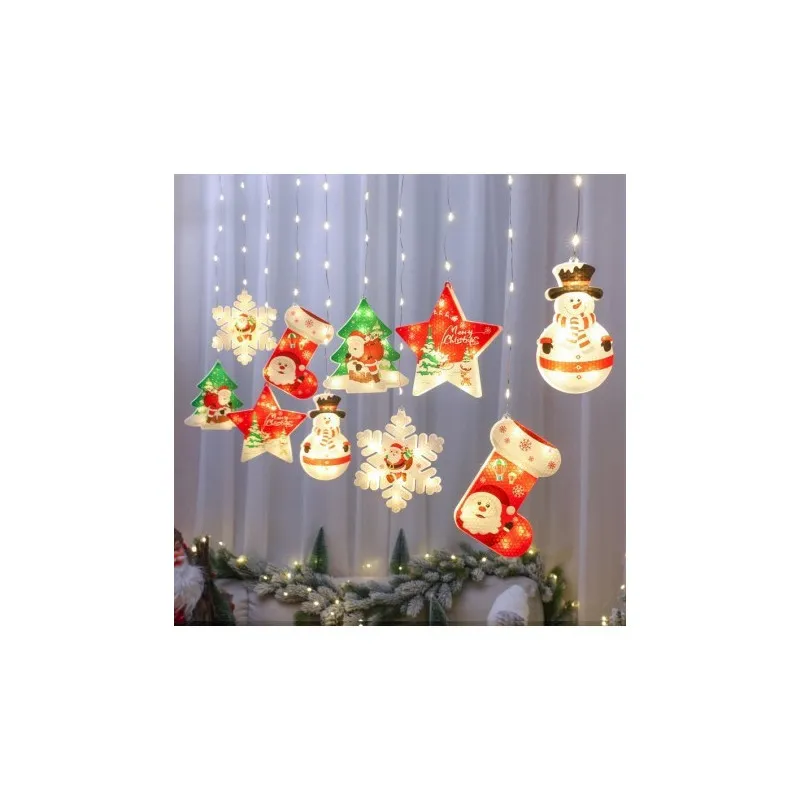Set 2 x Perdea LED Crăciun 3m – 10 Figurine (Stea, Fulg de Nea, Moș), Interior