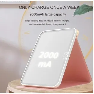 Mini oglinda roz portabila patrata cu LED pentru machiaj si suport pliabil 2