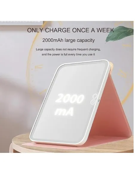 Mini oglinda roz portabila patrata cu LED pentru machiaj si suport pliabil