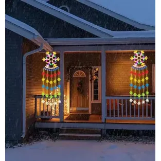 Instalație Perdea LED Crăciun 160cm – Multicolor, Figurine (Fulg de Nea, Brad, Clopoței)