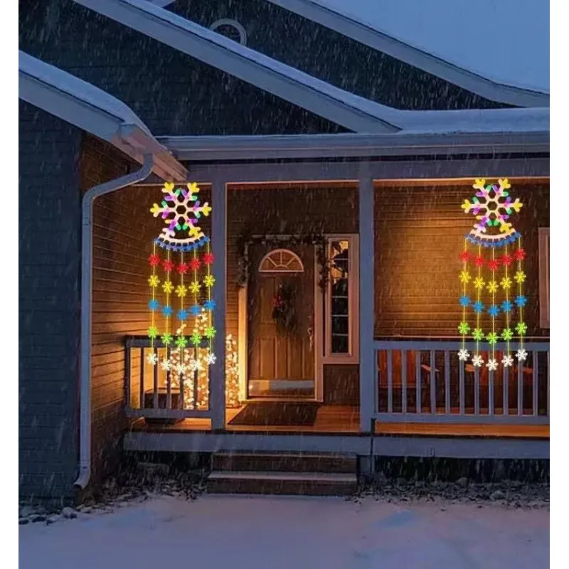 Instalație Perdea LED Crăciun 160cm – Multicolor, Figurine (Fulg de Nea, Brad, Clopoței)