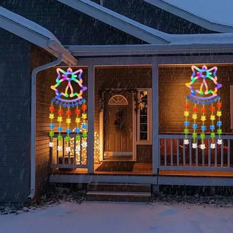 Instalație Perdea LED Crăciun 160cm – Multicolor, Figurine (Fulg de Nea, Brad, Clopoței)