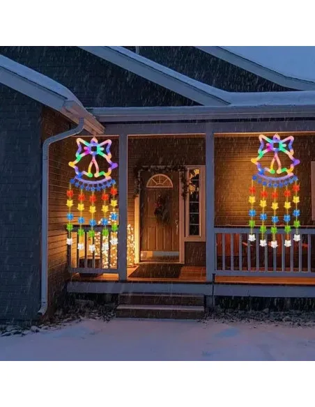Instalație Perdea LED Crăciun 160cm – Multicolor, Figurine (Fulg de Nea, Brad, Clopoței)