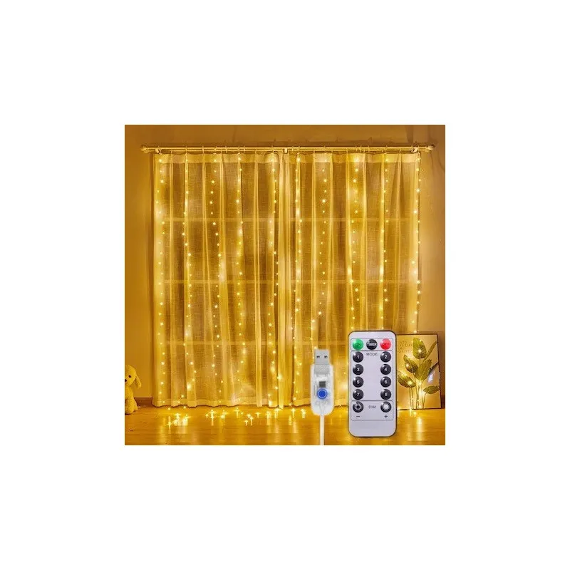 Instalație Perdea LED 3x3M, 300 LED, Alb Cald, 8 Jocuri lumini