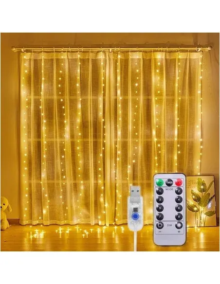 Instalație Perdea LED 3x3M, 300 LED, Alb Cald, 8 Jocuri lumini