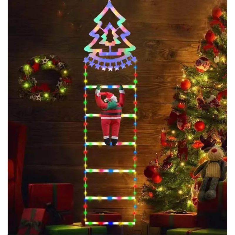 Instalatie LED, Mos Craciun pe scara iluminata, 6 trepte cu decoratiune luminoasa