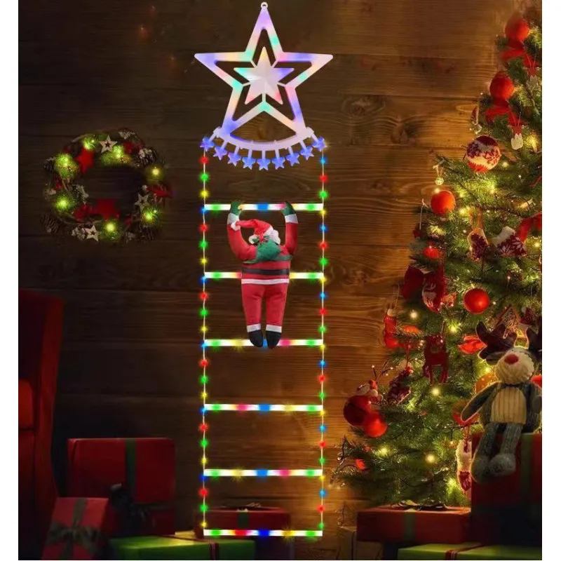 Instalatie LED, Mos Craciun pe scara iluminata, 6 trepte cu decoratiune luminoasa