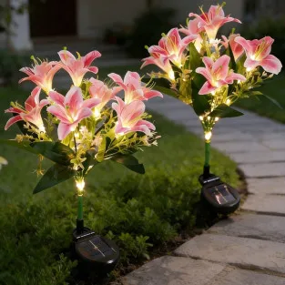 Set 2 Lămpi Solare LED Crini Roz 70cm IP65 Chic Mania