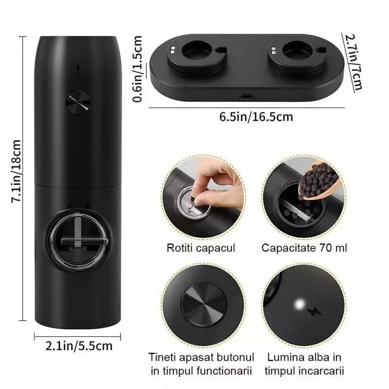 Set 2 x Rasnita electrica cu indicator led pentru sare,piper,alte condimente