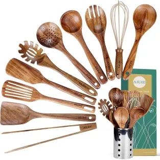 Set Ustensile Bucătărie Teak AIUHI, 11 Piese cu Suport