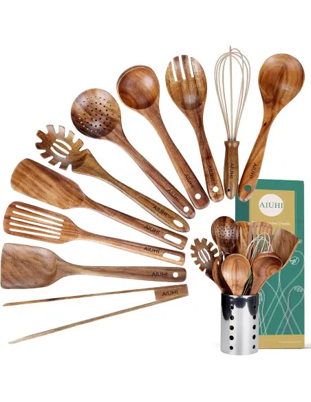 Set Ustensile Bucătărie Teak AIUHI, 11 Piese cu Suport