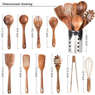 Set Ustensile Bucătărie Teak AIUHI, 11 Piese cu Suport 2