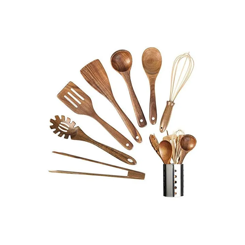 Set Ustensile Bucătărie Teak AIUHI, 11 Piese cu Suport