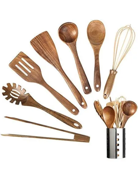 Set Ustensile Bucătărie Teak AIUHI, 11 Piese cu Suport