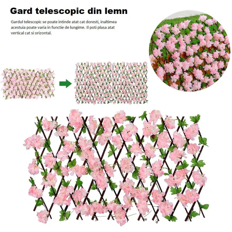 Pergola tip gard telescopic din lemn cu frunze si