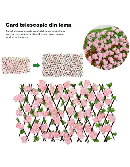 Pergola tip gard telescopic din lemn cu frunze si